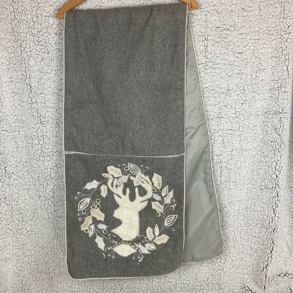 Ridgefield Table Runner Holiday Grey Elk Deer Wreath Applique Wool Blend Beads